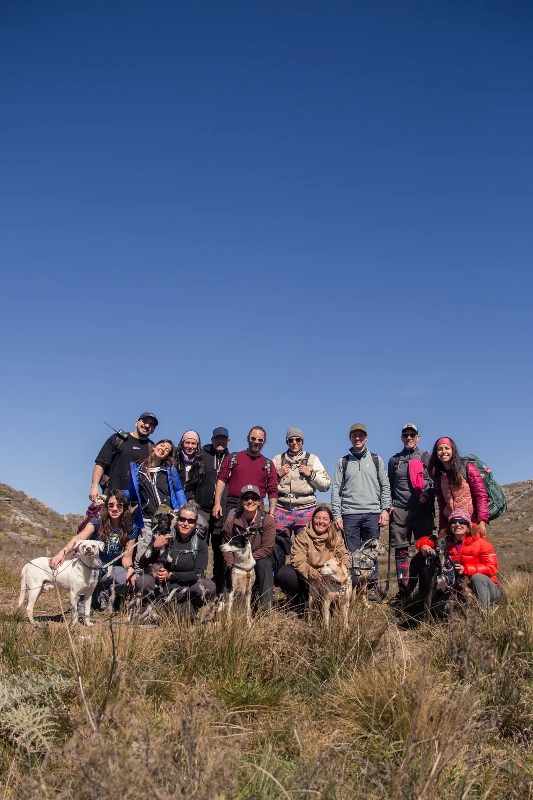 Foto grupal de caminantes y perros en la cumbre